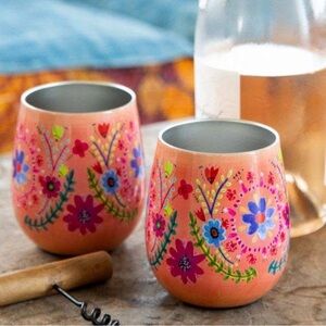 Natural Life Floral Patterned Stemless Stainless Steel Wine Glasses Tumblers